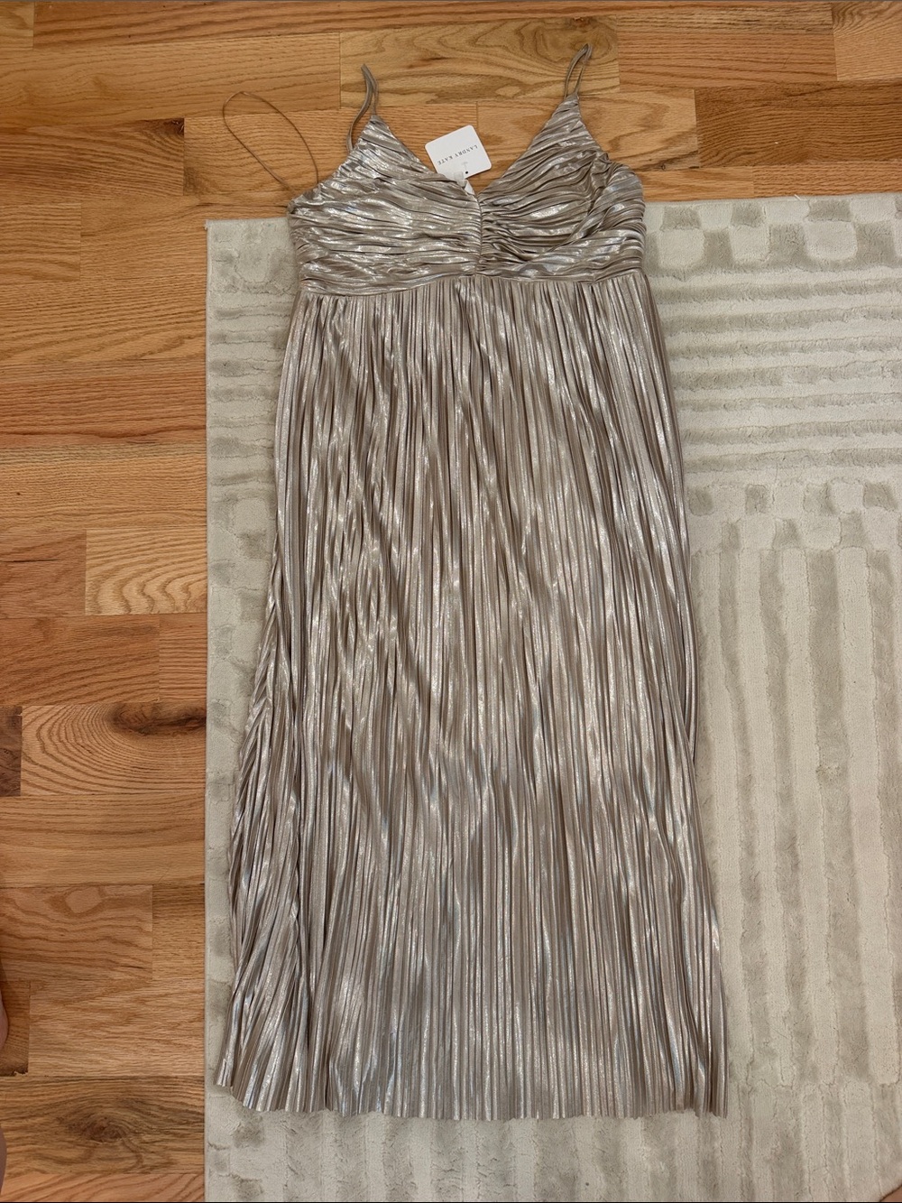 Kate Landry Metallic Silver Pleated Midi Dress